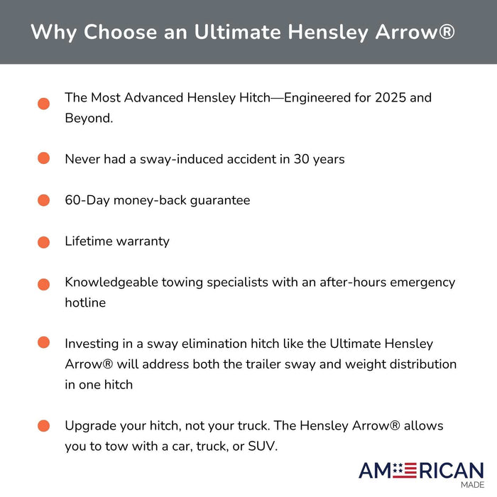 Why the ultimate hensley arrow is the best hensley hitch on the market.  Eliminates trailer sway, lifetime warranty, money-back guarantee on this trailer hitc.