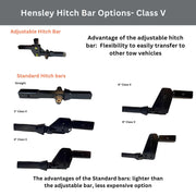 Hensley Hitch Bar Options Class V with adjustable hitch bar and standard hitch bars on a white background.