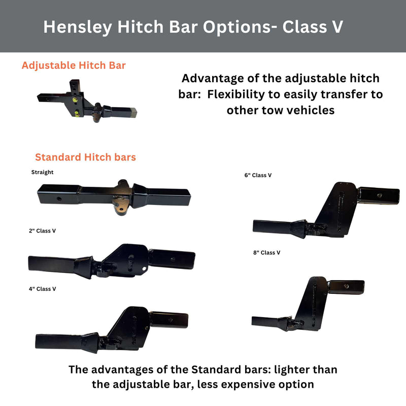 Hensley Hitch Bar Options Class V with adjustable hitch bar and standard hitch bars on a white background.