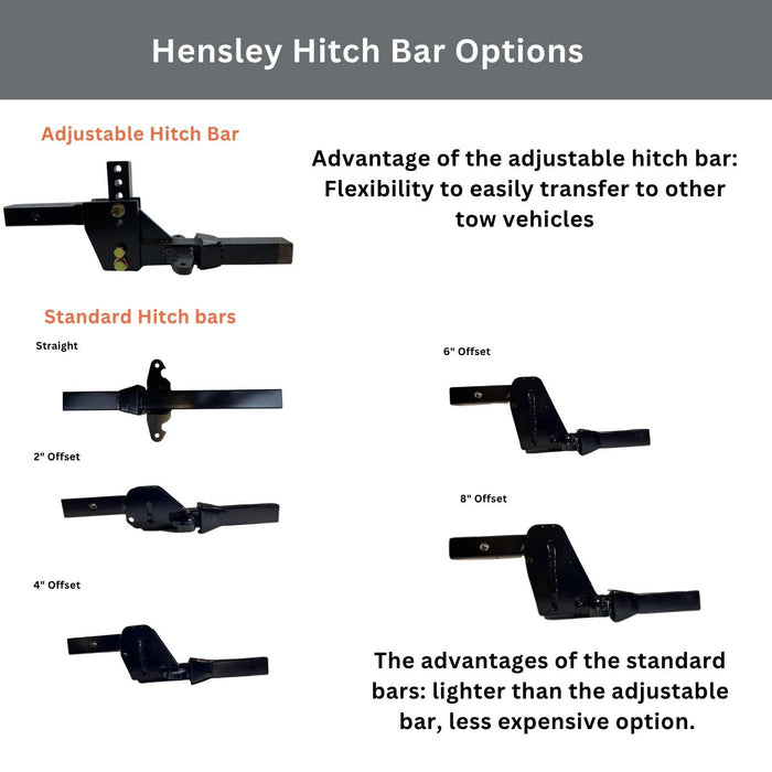 Hensley Hitch Bar Options with adjustable and standard hitch bars on a gray background